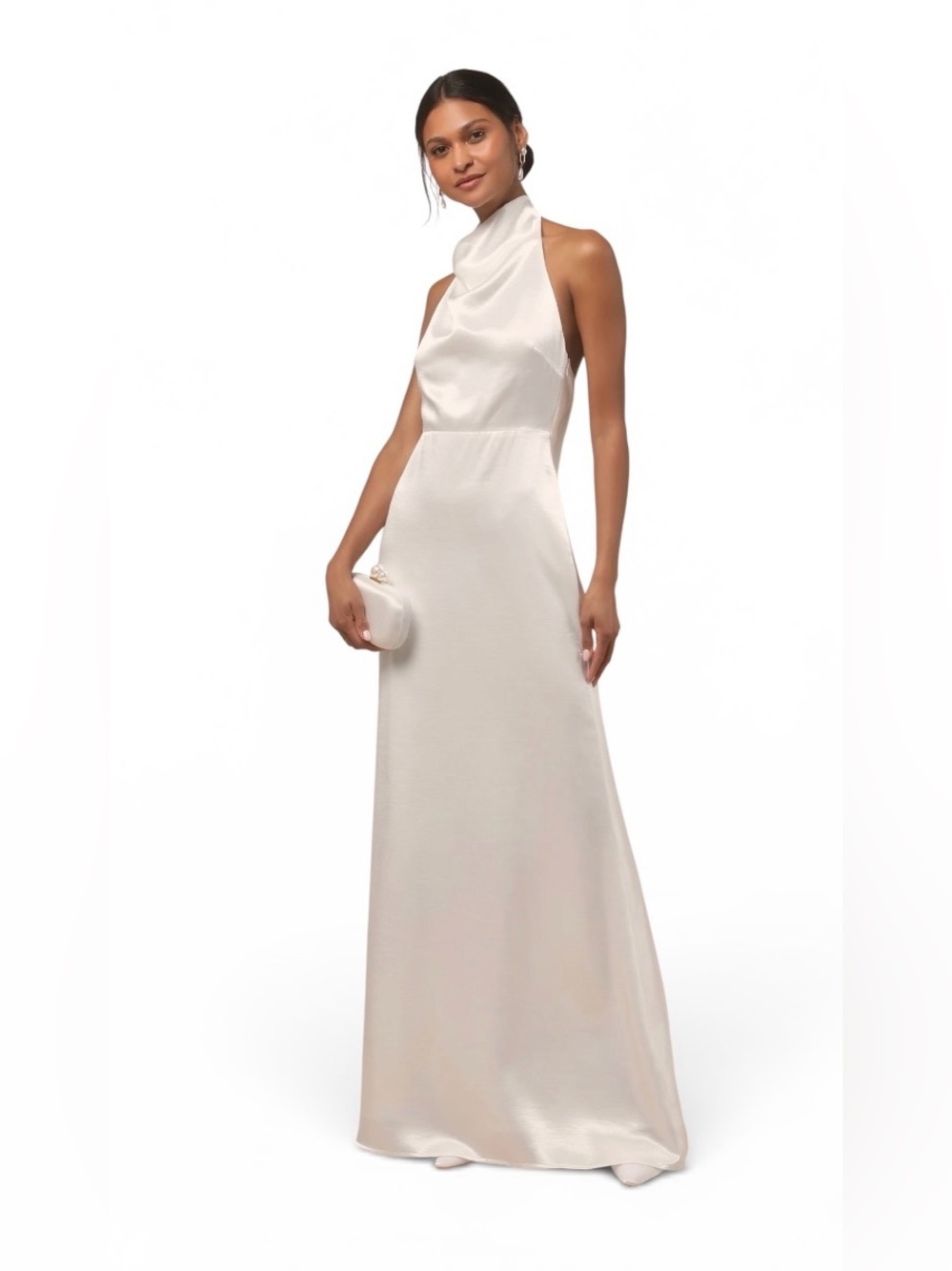 Lulus NWT “Meliana” White Satin Halter Backless Maxi Hi-Lo Dress. Size Small. - Picture 9 of 13